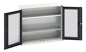 verso window door cupboard with 2 shelves. WxDxH: 1050x350x900mm. RAL 7035/5010 or selected Verso Glazed Clear View Storage Cupboards for Tools with Shelves